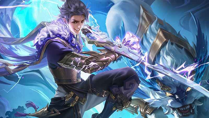 Yao dari Honor of Kings Global berdiri gagah di medan perang, siap bertarung dengan tombaknya.