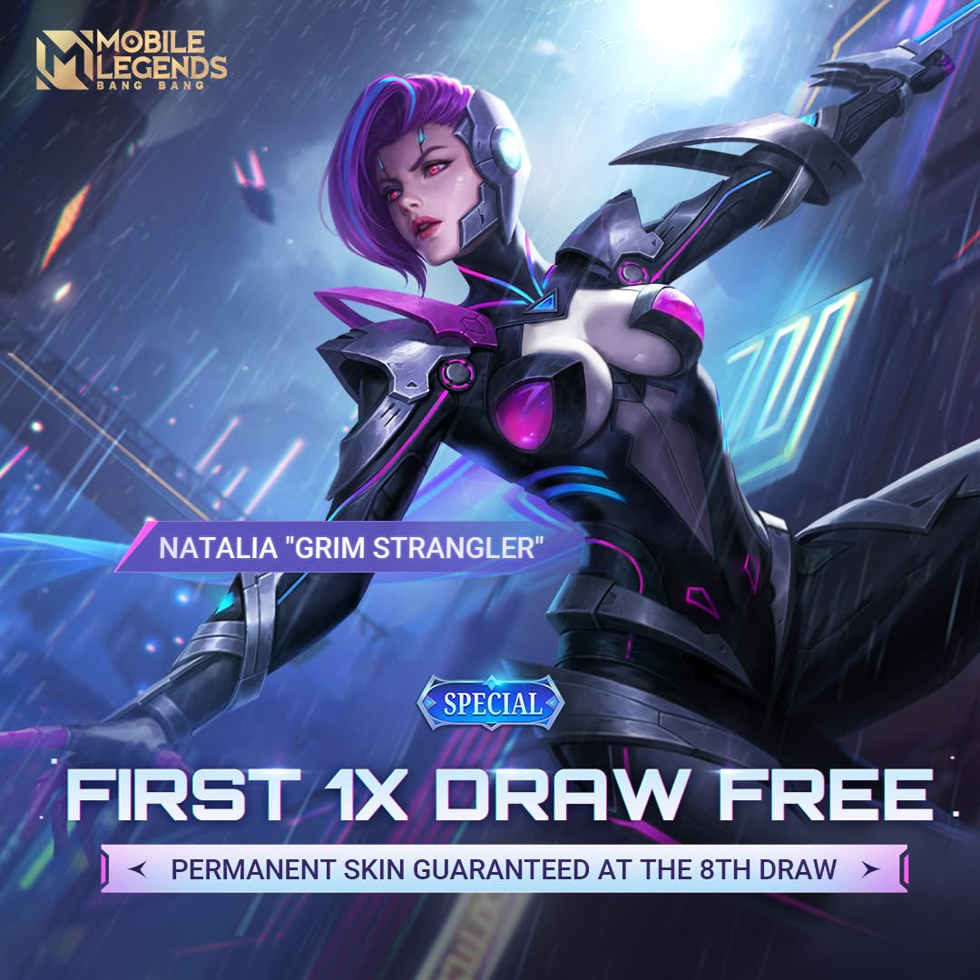 Skin Grim Strangler Natalia Mobile Legends, dengan desain gelap futuristik, efek biru memukau, dan tampilan yang lebih garang, siap membuatmu tampil sebagai assassin mematikan di Land of Dawn.