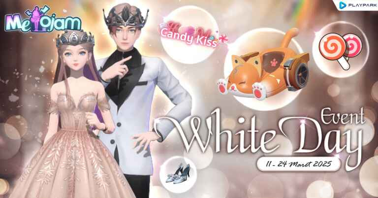 Gambar event White Day 2025 MeloJam menampilkan karakter dengan outfit putih elegan dan aksesoris romantis bertema cinta