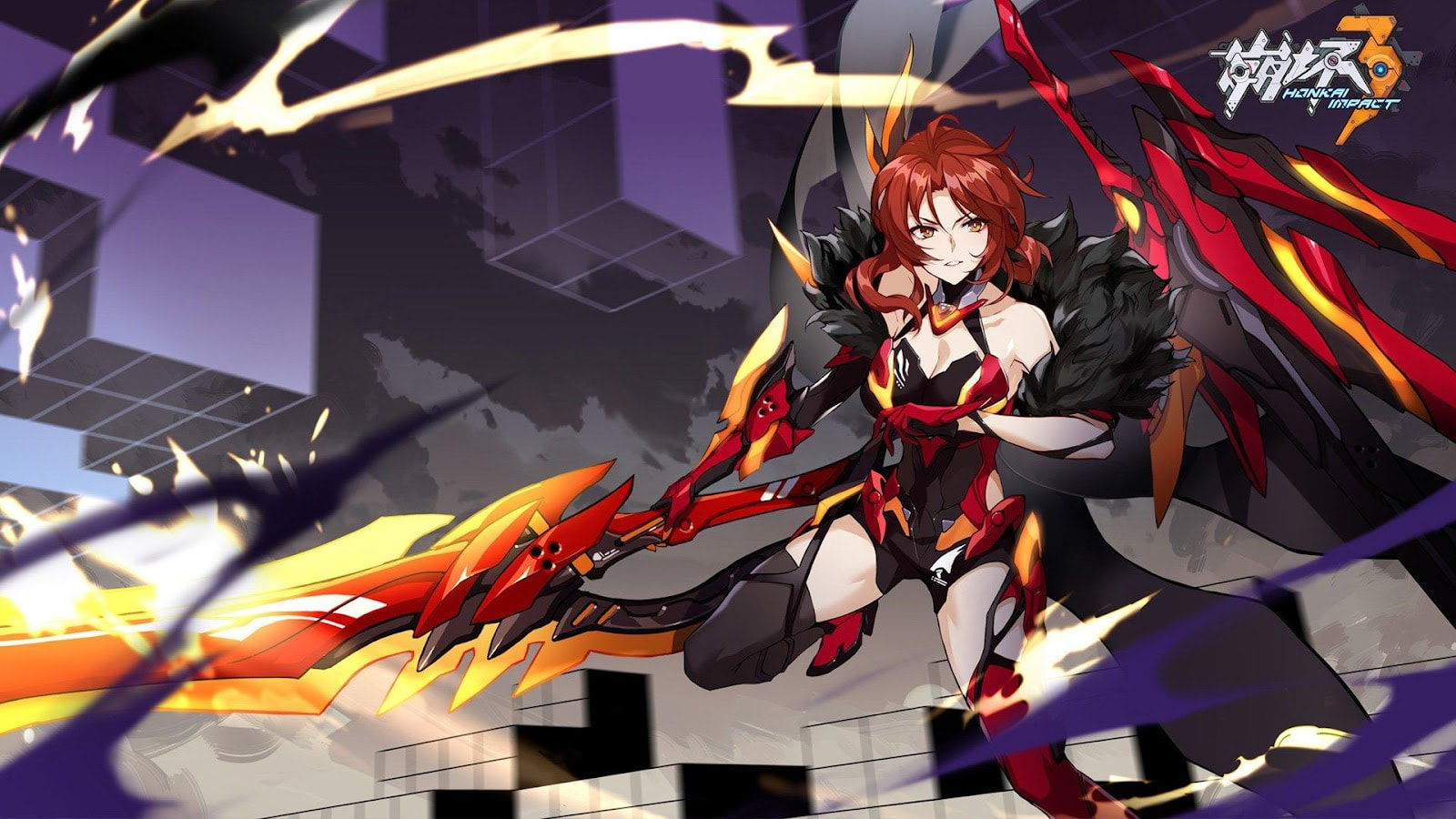 Murata Himeko Honkai Impact 3 sedang berdiri dengan pedang besar dan rambut merah menyala, menggambarkan karakter kuat dan penuh semangat sebagai mentor para Valkyrie.