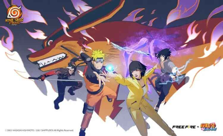 Ilustrasi kolaborasi Free Fire x Naruto Part 2 menampilkan karakter Akatsuki dengan skill unik di map Konoha penuh atmosfer anime Naruto.