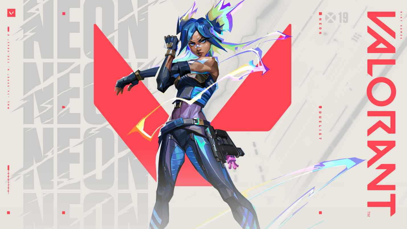Neon Valorant – Agent duelist tercepat asal Filipina dengan kekuatan listrik dan mobilitas tinggi, mengenakan outfit biru futuristik di tengah medan pertempuran.