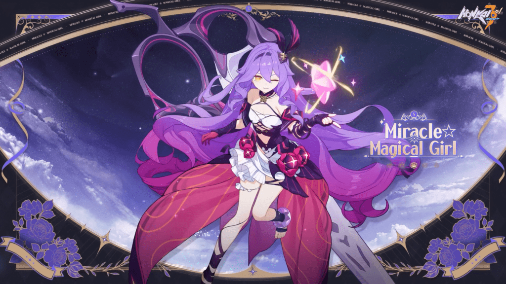 Sirin Herrscher of the Void dengan rambut ungu panjang dan mata kuning cerah mengenakan kostum ungu khas Honkai Impact 3rd.