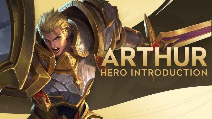 Arthur hero fighter tank Honor of Kings memegang pedang Excalibur dengan efek skill dan armor legendaris dalam arena pertempuran