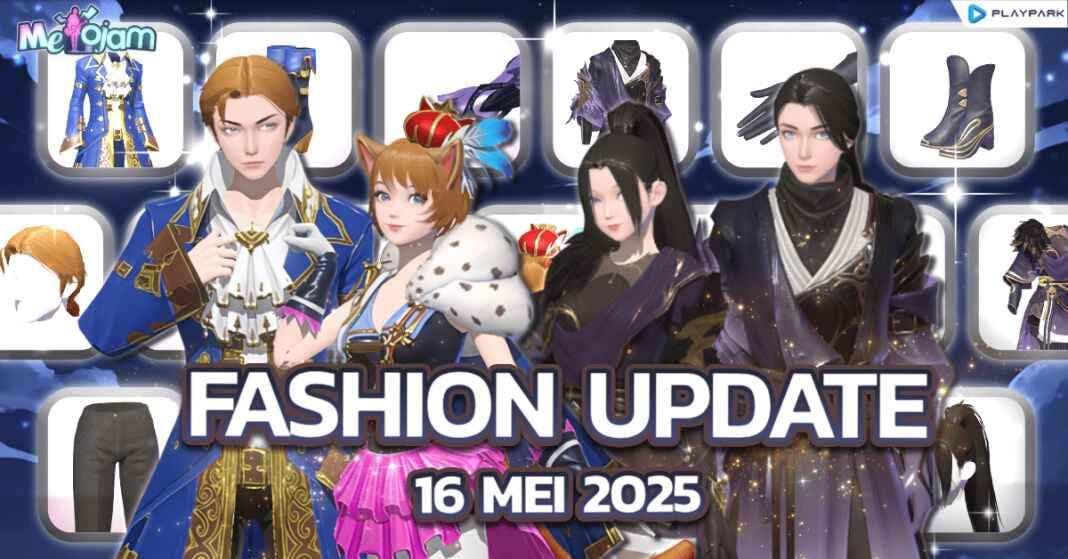 Koleksi outfit terbaru dalam game online edisi Mei 2025, termasuk Street Nova Set, Sakura Dream Yukata, dan Mecha Rider Suit dengan efek animasi futuristik