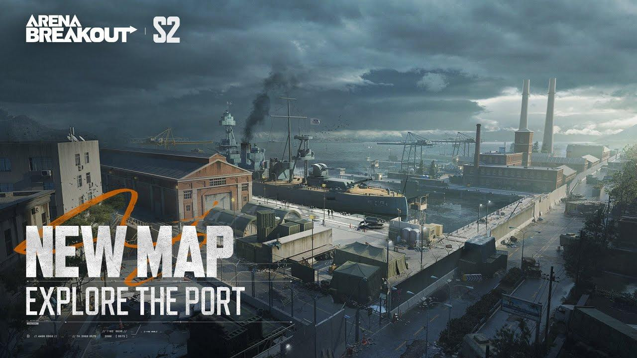 Peta Port Map Arena Breakout dengan lokasi loot utama, titik spawn, dan ekstraksi untuk strategi pertempuran jarak dekat yang intens.