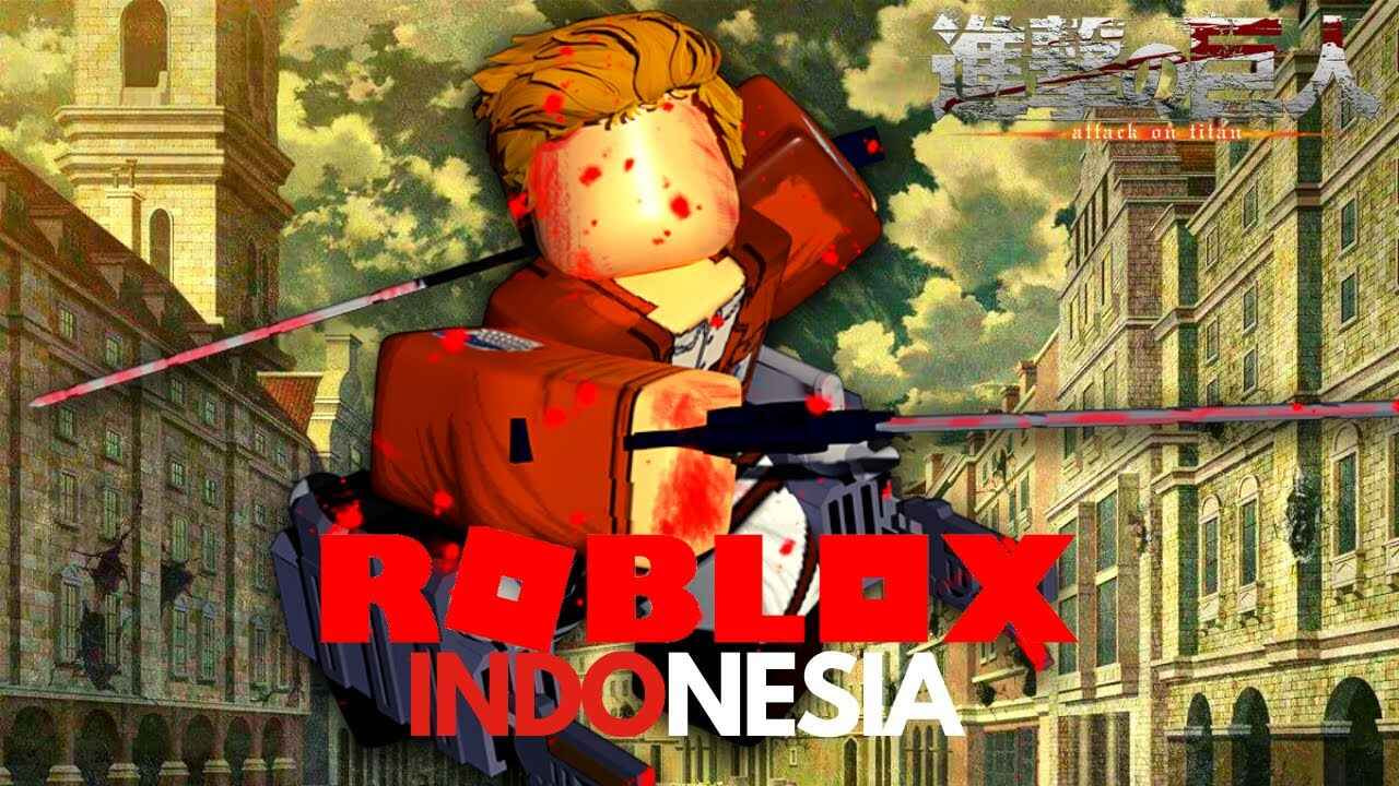 Gameplay Attack on Titan di Roblox menampilkan karakter menggunakan 3D Maneuver Gear melawan Titan raksasa di dunia virtual yang terinspirasi dari manga dan anime.