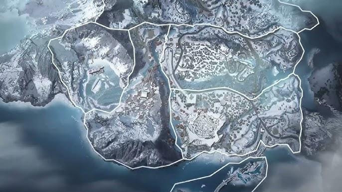 Pemandangan map Snowy Mountain di Garena Undawn dengan latar pegunungan bersalju, desa Frostbite, dan medan bertahan hidup ekstrem.