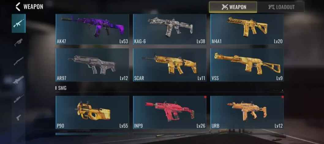 Ilustrasi berbagai jenis senjata dalam game Blood Strike termasuk Assault Rifle, SMG, Shotgun, dan lainnya, lengkap dengan latar medan tempur futuristik.