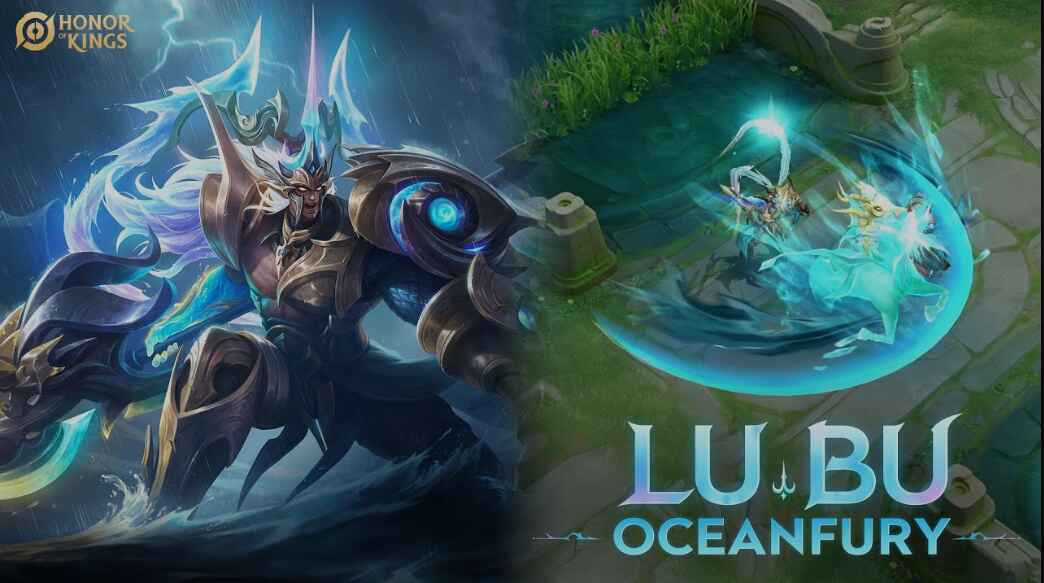 Tampilan skin Lu Bu Oceanfury di Honor of Kings dengan efek visual ombak biru dan armor naga laut yang megah