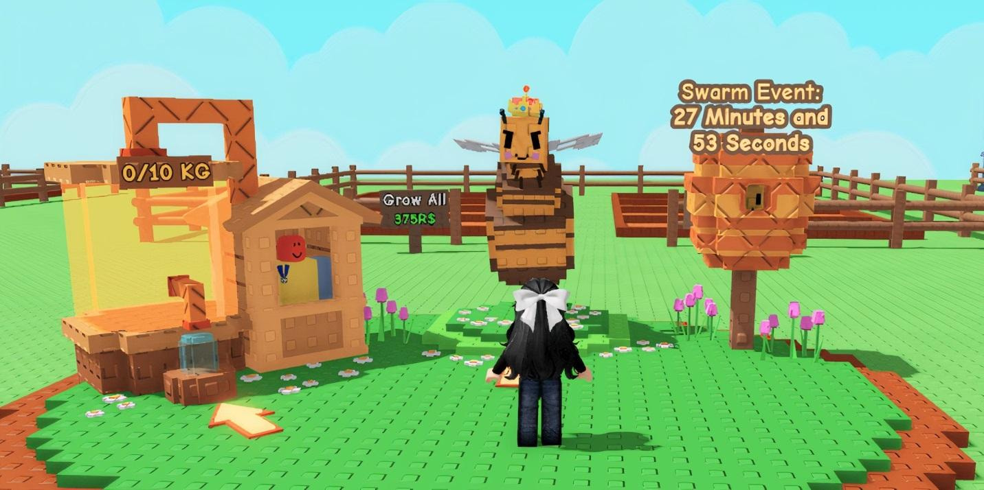 Event Bee Swarm di Roblox Grow a Garden dengan lebah yang mempolinasi tanaman, menunjukkan proses panen buah Pollinated dan pengumpulan Honey eksklusif dalam event.