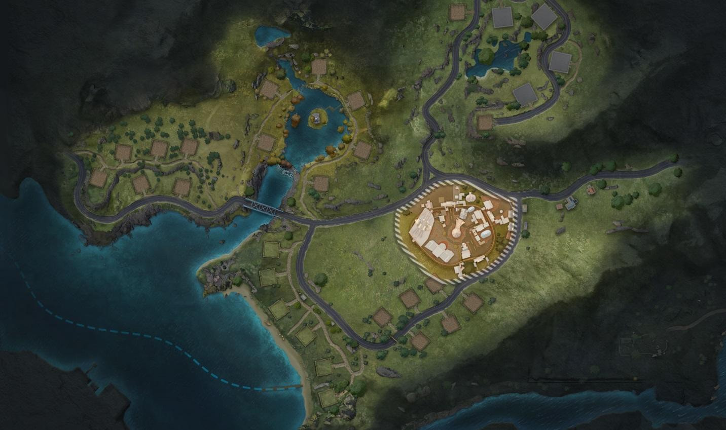 Peta Camp Area di Garena Undawn menampilkan lokasi strategis seperti Western Outpost, Swan Lake, dan Hawks Market, lengkap dengan area loot dan spot rahasia untuk bertahan hidup.