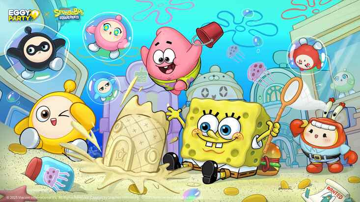 Karakter Eggy Party mengenakan kostum SpongeBob SquarePants dan teman-temannya di peta bertema Bikini Bottom, menampilkan suasana pesta interaktif yang ceria.