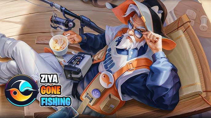 Tampilan skin Ziya Gone Fishing di Honor of Kings dengan outfit memancing dan topi mancing