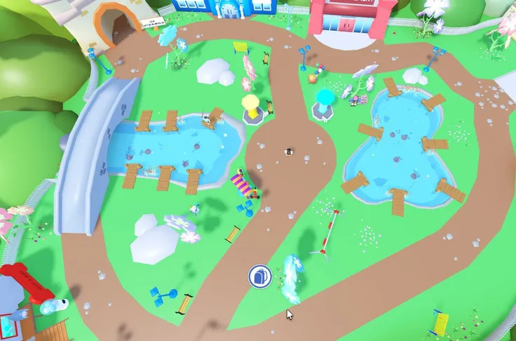 Gameplay Meep City di Roblox menampilkan karakter pemain berinteraksi di dunia virtual penuh warna dengan rumah dan hewan peliharaan Meep, menggambarkan suasana sosial dan roleplay dalam game populer ini.