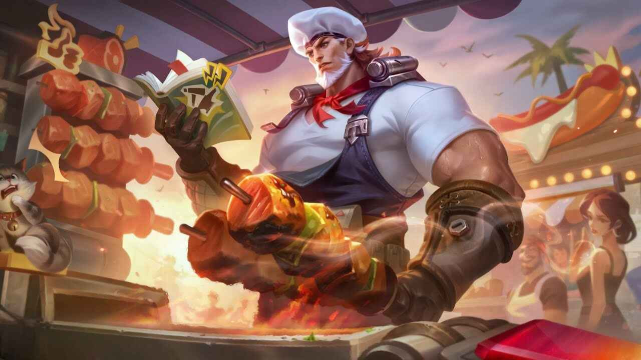 Desain skin Kung Fu Barbecue Lian Po dalam Honor of Kings yang ceria dan penuh warna, menggabungkan tema kung fu dan barbecue untuk merayakan perayaan Imlek.