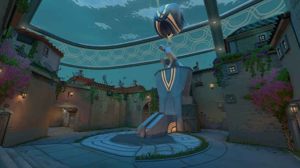 Patung ikonik di Mid Plaza Pearl Valorant, simbol konflik antara Omega dan Alpha Earth
