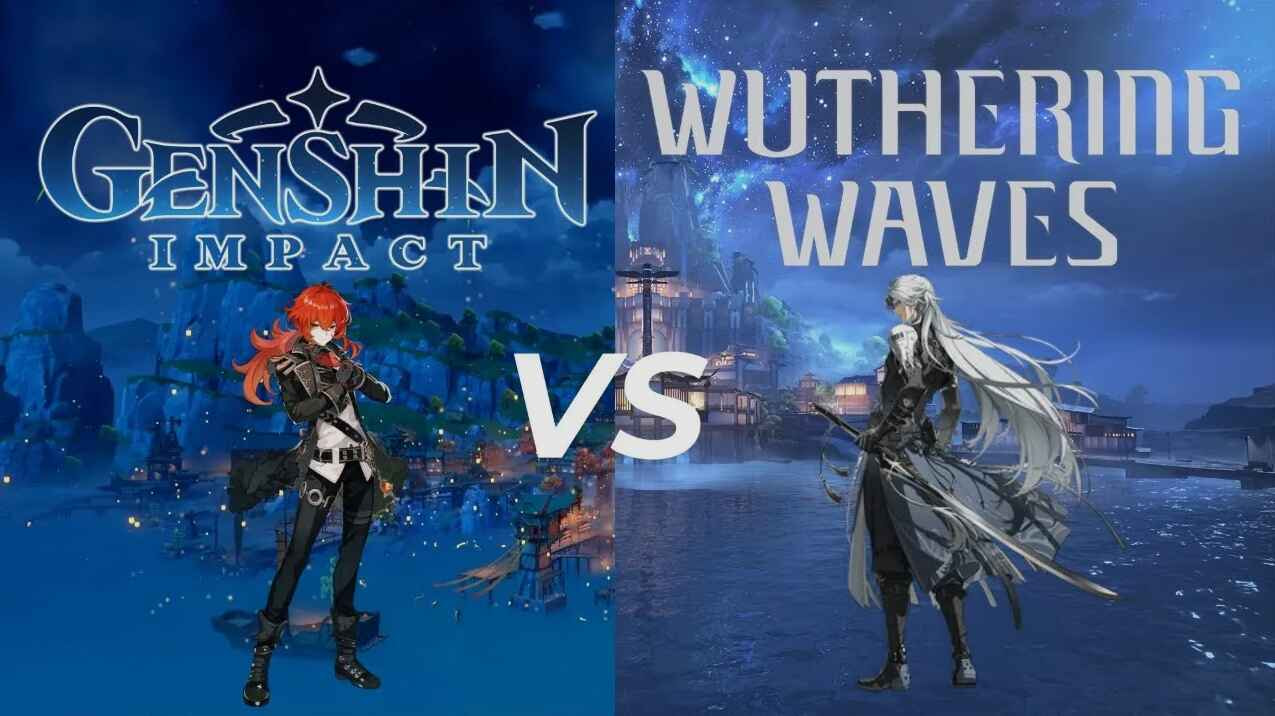 Ilustrasi perbandingan dunia Genshin Impact dan Wuthering Waves, menampilkan karakter ikonik dari kedua game dalam latar open world fantasi dan futuristik.