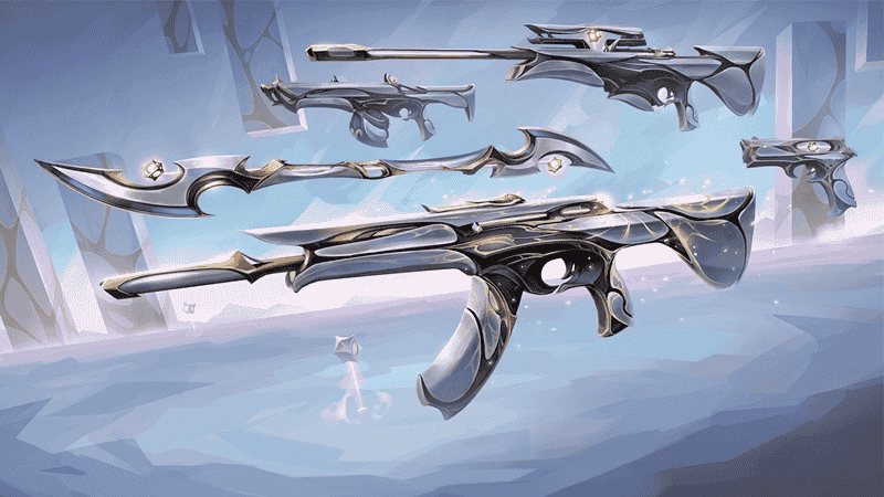 Tampilan senjata Valorant Divergence Bundle dengan tema Arcane lengkap efek visual magis, ornamen steampunk, dan portal ungu finisher eksklusif