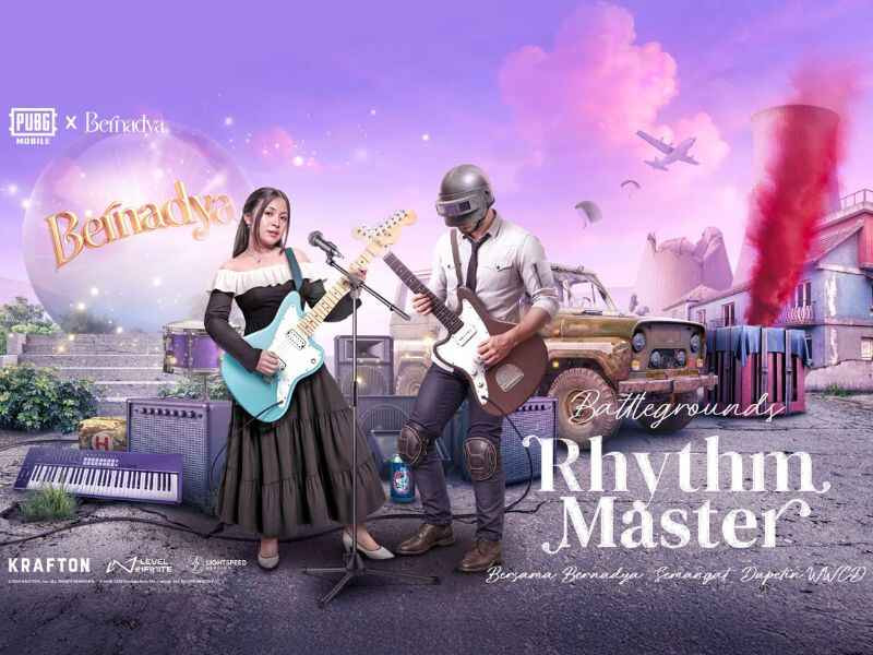 Karakter PUBG MOBILE mengenakan kostum eksklusif Bernadya Edition dengan latar belakang panggung musik dan efek visual yang mencolok, menggambarkan kolaborasi PUBG MOBILE x Bernadya fase final.