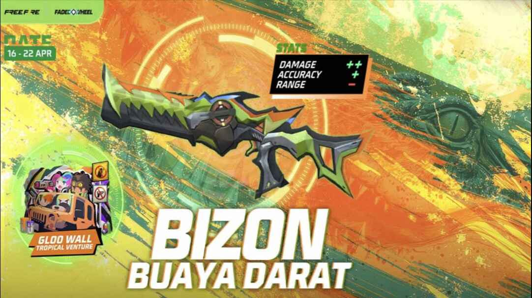 Skin senjata Bizon Buaya Darat di Free Fire dengan tampilan hijau tua dan motif kulit buaya eksklusif
