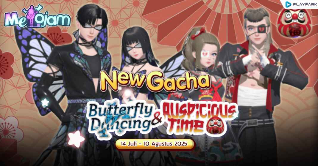 Karakter Melojam memakai kostum Butterfly Dancing dengan sayap transparan dan efek kupu-kupu yang berterbangan.