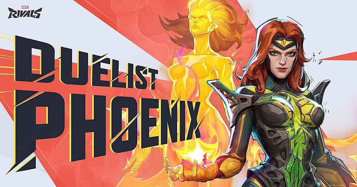 Ilustrasi karakter Phoenix Jean Grey di Marvel Rivals Season 3 dengan efek api menyala dan kostum merah emas