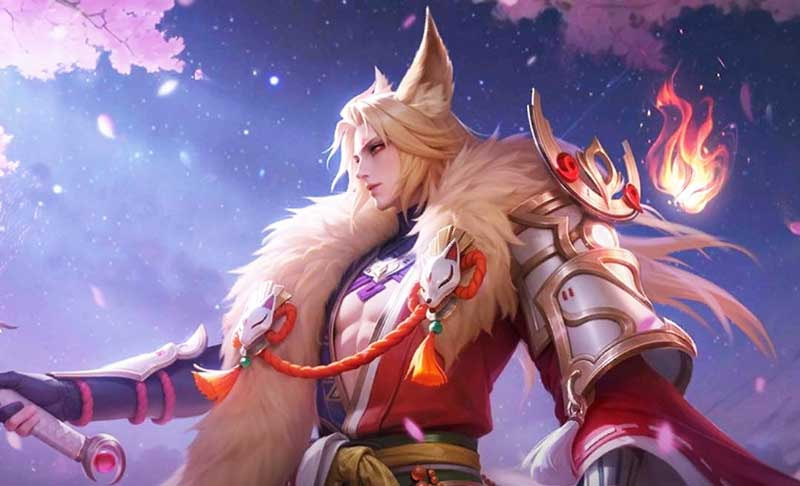 Skin Lancelot 'Guardian of the Shrine' dengan zirah putih emas dan efek naga emas di Mobile Legends.