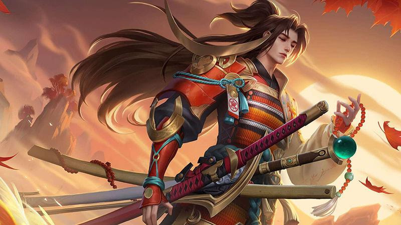 Ilustrasi Ukyo Tachibana, hero assassin dengan gaya samurai di Honor of Kings, lengkap dengan pedang dan efek skill iaijutsu memukau.