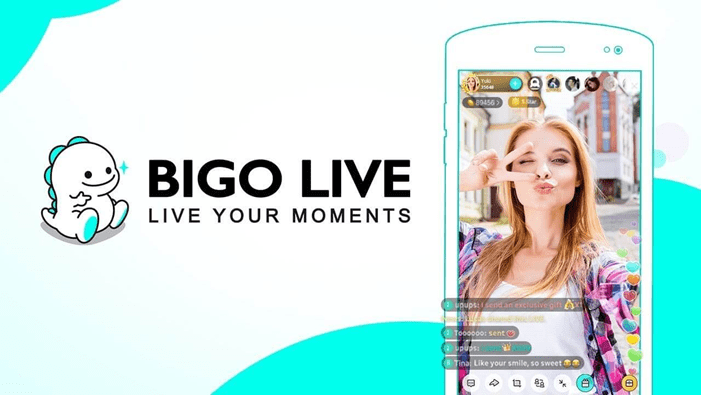 Streamer sedang melakukan siaran langsung di Bigo Live dengan penonton aktif, menampilkan efek visual dan interaksi yang menarik.