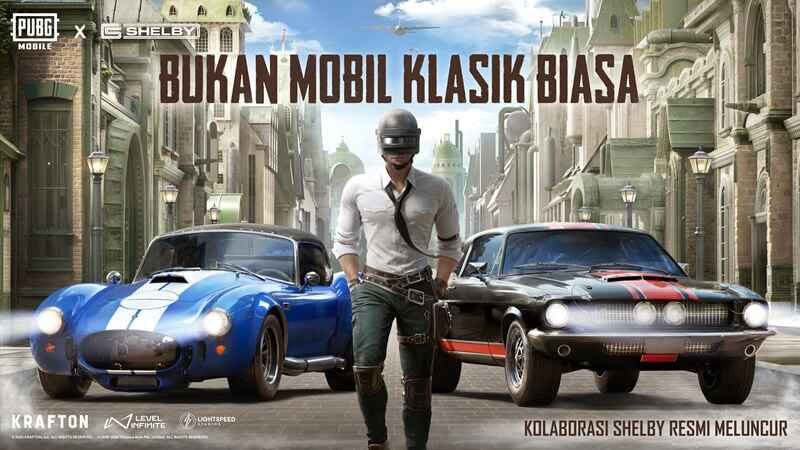Mobil Shelby Cobra 427 dengan desain klasik tampil di medan tempur Erangel dalam game PUBG MOBILE.