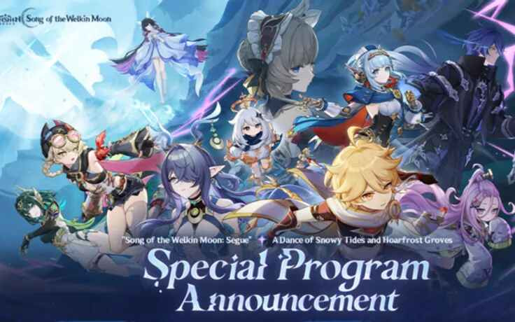 Ilustrasi update Genshin Impact Luna I: Moon Wheel dengan karakter baru dan latar eksplorasi area baru yang epik