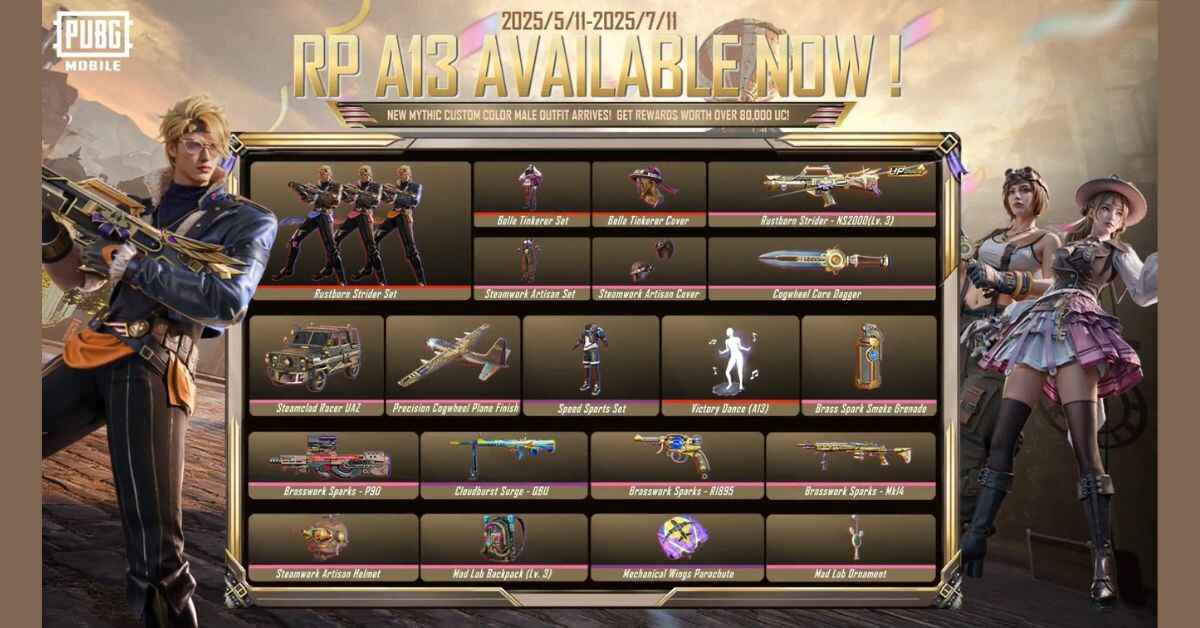 Skin NS2000 Steampunk dan outfit Machina Lord di Royale Pass Ace 13 PUBG MOBILE dengan desain gear mekanik dan warna tembaga klasik.