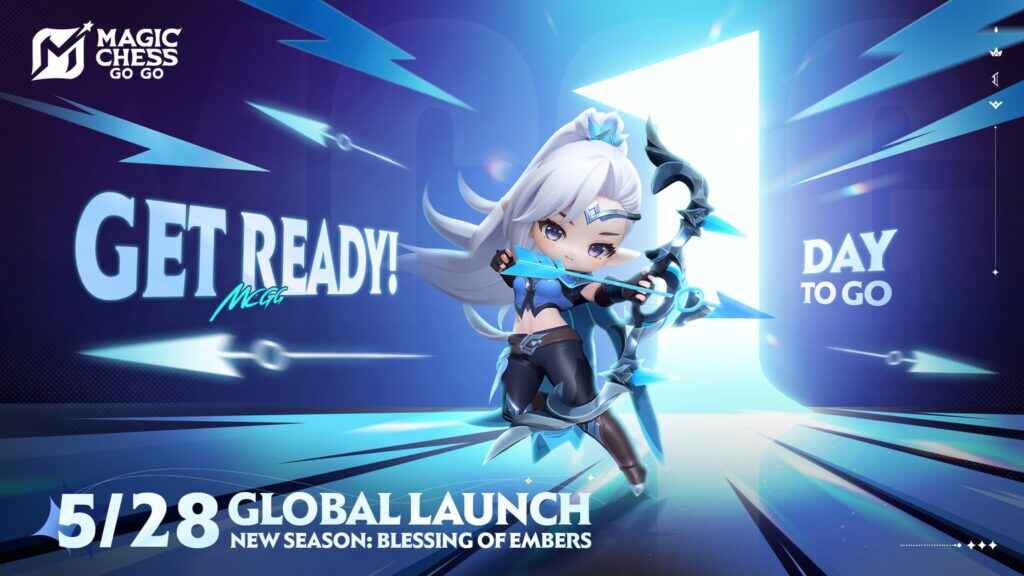 Commander Miya Magic Chess Go Go sedang memimpin tim hero dengan efek visual serangan, menggambarkan kekuatan dan strategi push rank cepat.