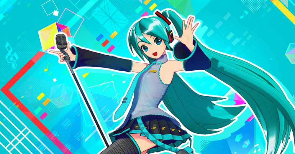 Karakter Hatsune Miku dalam game Project Diva MegaMix sedang tampil di atas panggung dengan efek visual yang colorful