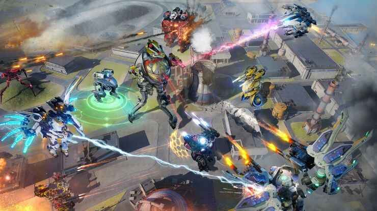 Gambar pertempuran War Robots multiplayer dengan robot raksasa saling menyerang di medan perang, menunjukkan aksi dinamis dan taktik serangan tim 6v6.
