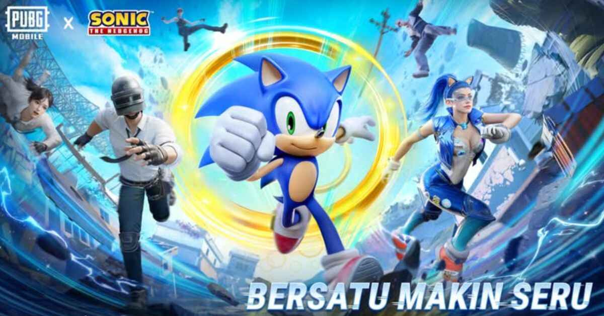 Karakter PUBG MOBILE mengenakan kostum Sonic the Hedgehog lengkap dengan kendaraan bertema futuristik biru dan efek visual kecepatan tinggi dalam kolaborasi eksklusif PUBG MOBILE x Sonic.