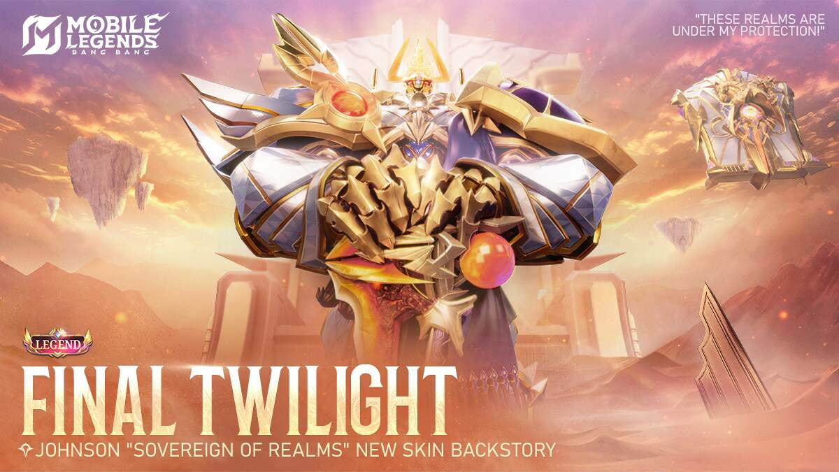 Johnson dengan skin Sovereign of Realms di Mobile Legends, tampil megah dengan armor berlapis emas dan kendaraan futuristik.