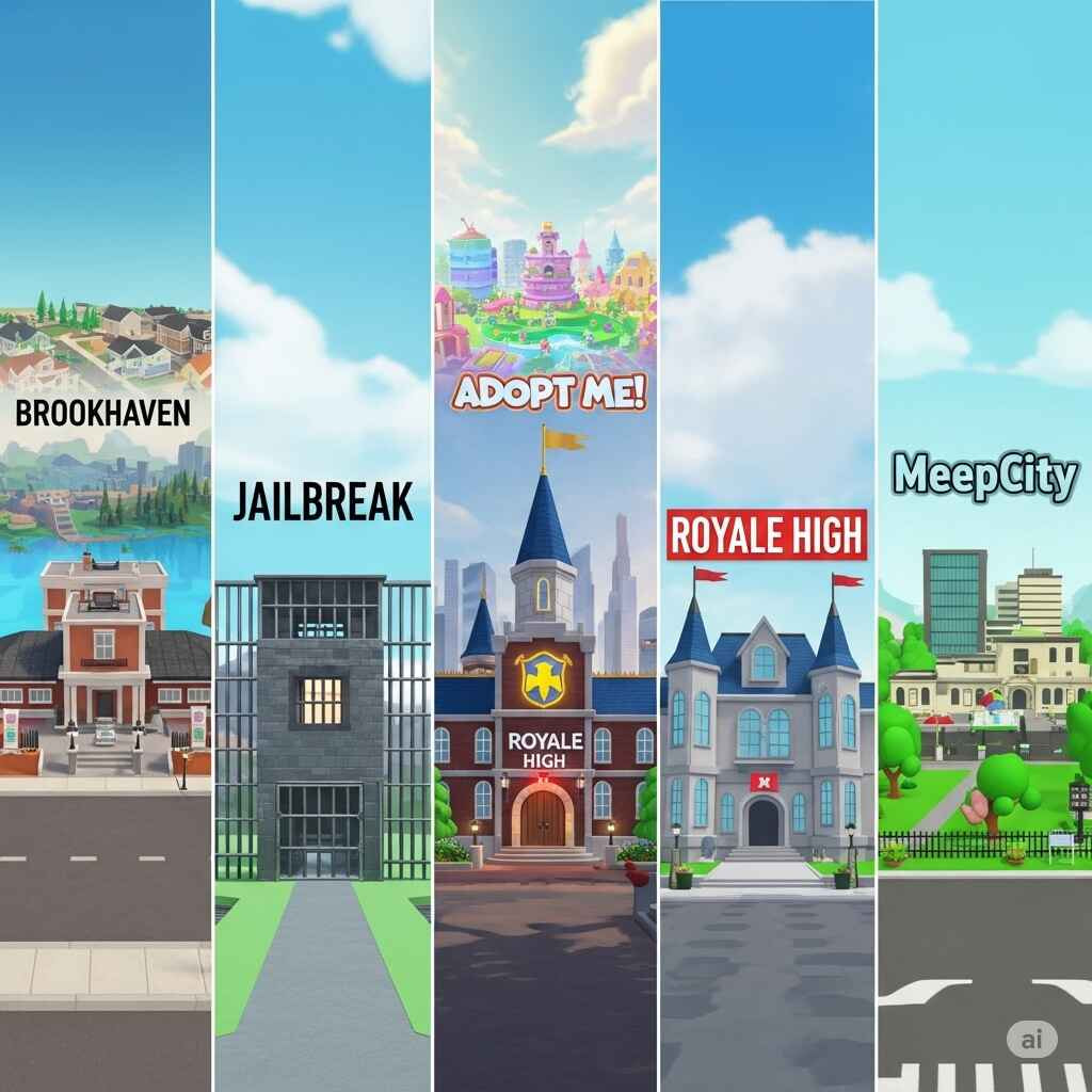 Ilustrasi lima lokasi paling seru dan cantik di Roblox untuk mabar bareng teman – Brookhaven, Adopt Me!, Jailbreak, Royale High, dan MeepCity.