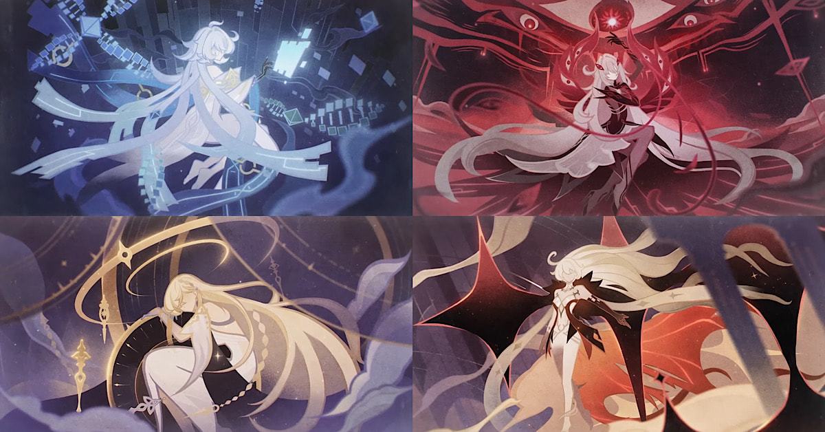 Ilustrasi empat anggota Four Shades dari Genshin Impact: Istaroth, Egeal, Hanan, dan Deremel dengan latar dunia Teyvat yang misterius.