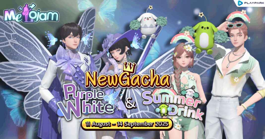 Ilustrasi kostum karakter dengan tema Purple White dan efek visual Summer Drink dalam game Melojam, menampilkan nuansa elegan ungu-putih dan warna cerah musim panas yang segar.