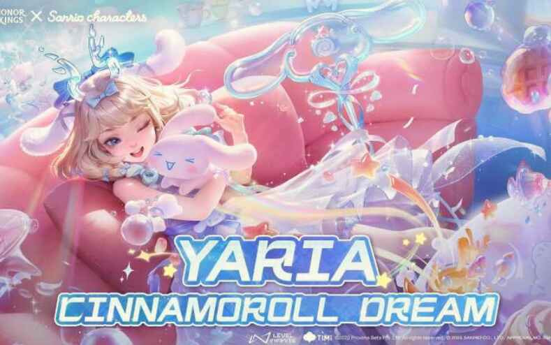 Yaria memakai skin Cinnamoroll’s Dream dalam game Honor of Kings, menampilkan efek visual lucu dan warna pastel khas Sanrio