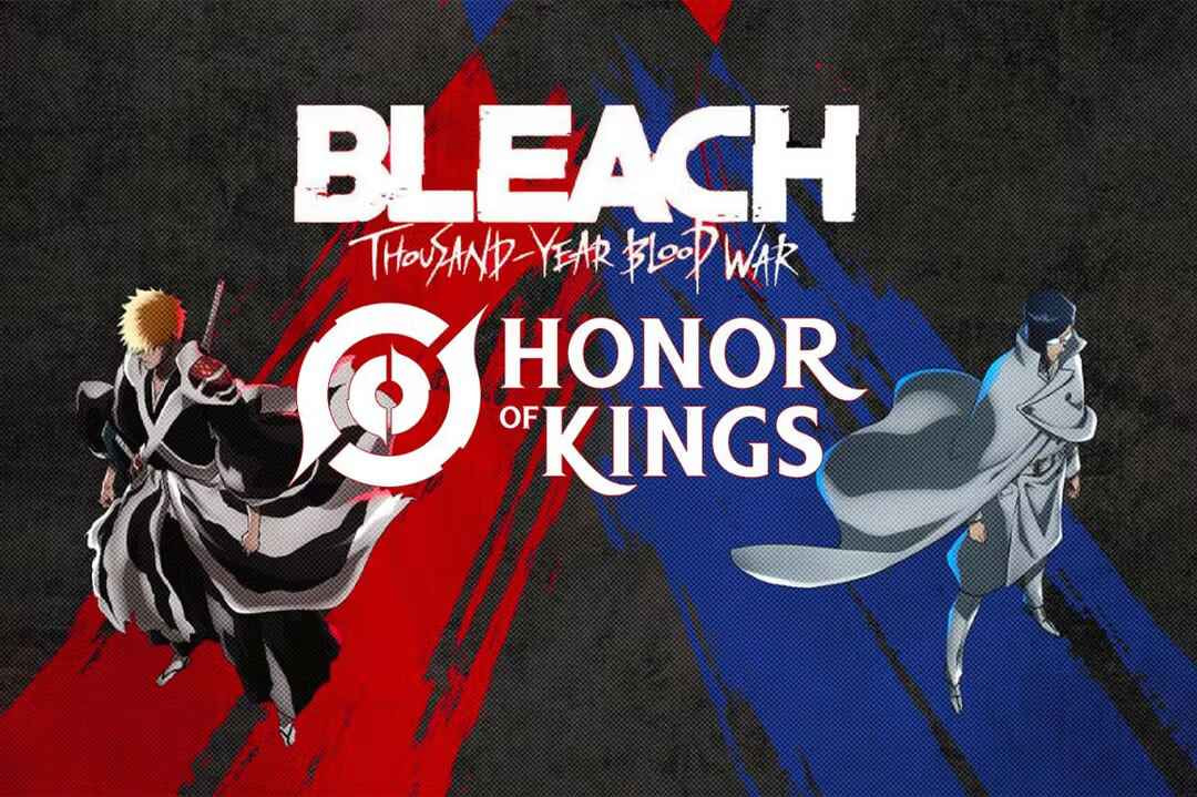 Ilustrasi kolaborasi Honor of Kings x Bleach TYBW dengan karakter Ichigo Kurosaki, Rukia Kuchiki, dan Uryu Ishida dalam tampilan skin eksklusif di medan pertempuran game MOBA.