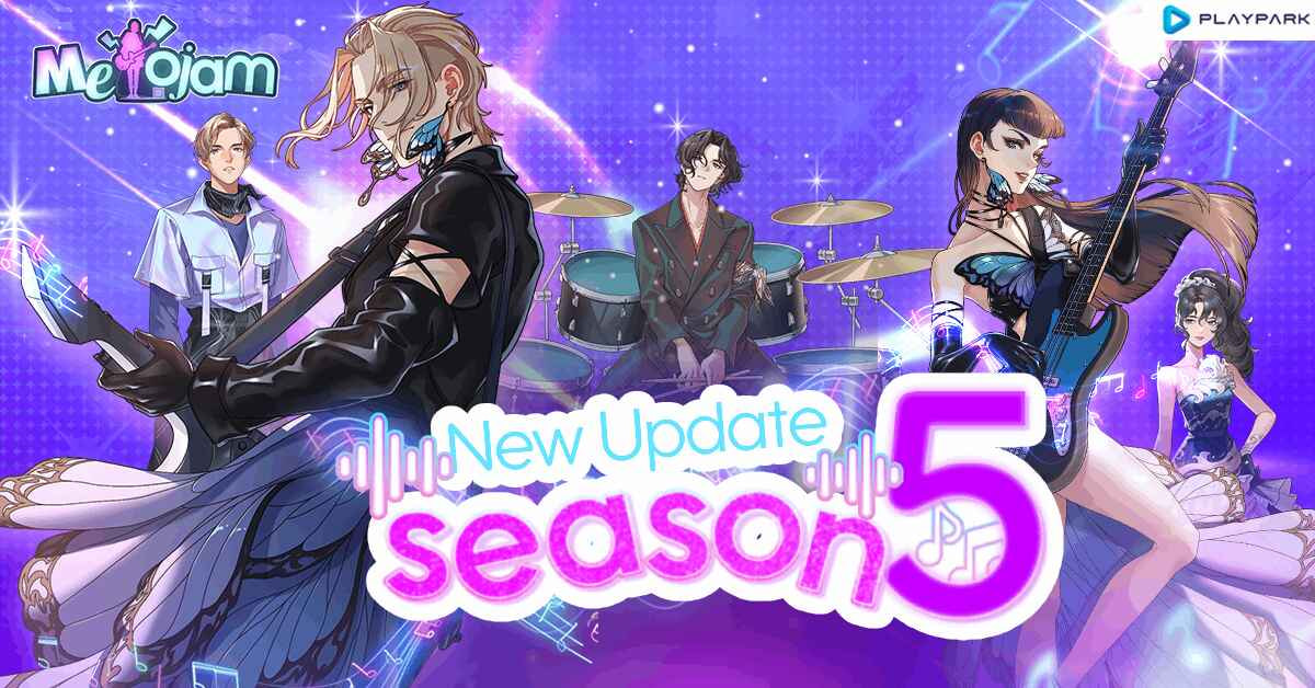 Tampilan visual futuristik dari MeloJam Season 5 dengan karakter menari di panggung neon dan UI game baru yang modern