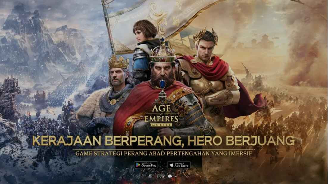 Age of Empires Mobile dengan pasukan, hero legendaris, dan kota yang sedang berkembang di medan perang real-time.