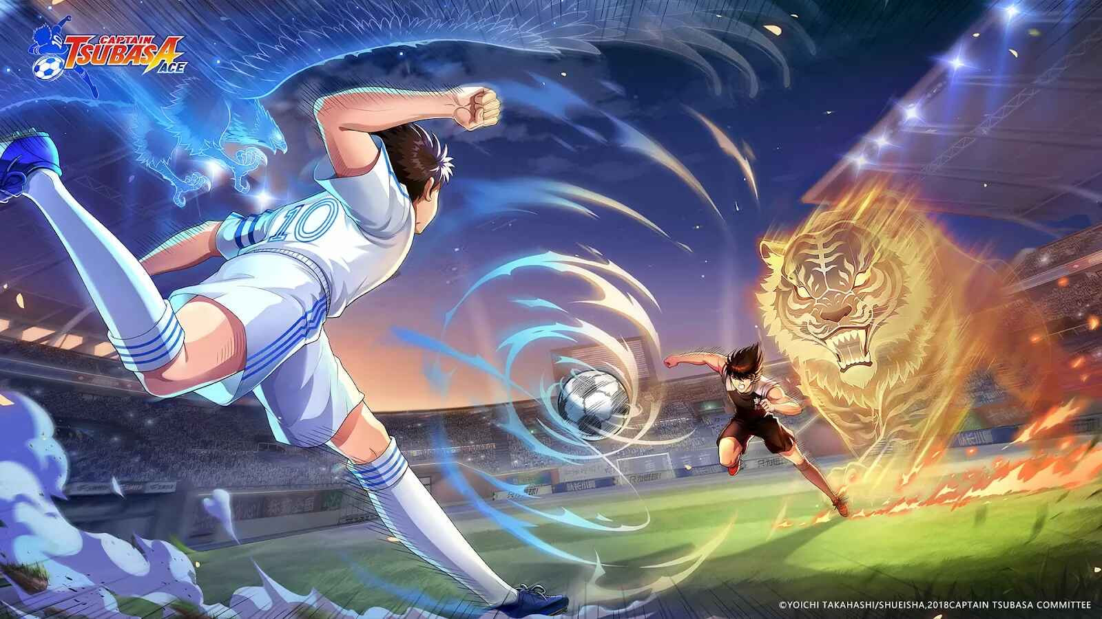 Tsubasa Ozora, pemain bola legendaris Captain Tsubasa dengan teknik dribel dan tendangan akrobatik yang memukau.