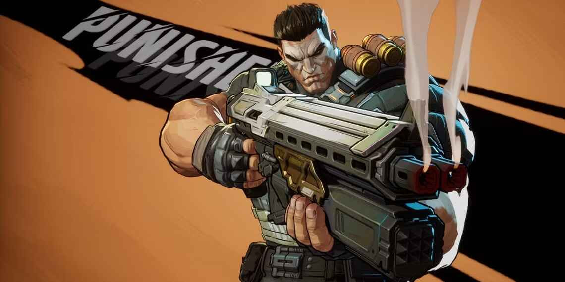 Tampilan skin Dangan Ronin The Punisher di Marvel Rivals dengan armor samurai ungu dan senjata bergaya Jepang feodal dalam latar arena futuristik