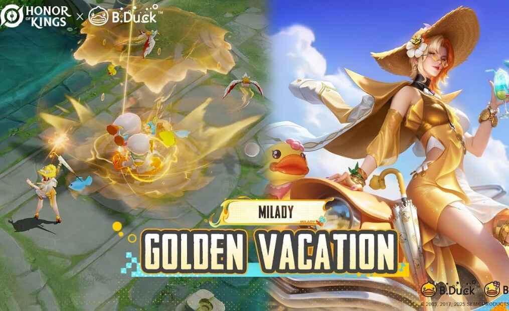 Milady Golden Vacation Skin Honor of Kings — tampilan hero Milady dengan kostum liburan mewah bernuansa emas dan biru laut, lengkap dengan topi pantai dan efek visual tropis.