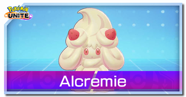 Alcremie Pokémon UNITE dengan build dan moveset terbaik sebagai Supporter OP, menunjukkan skill healing dan buff untuk tim di arena pertandingan.