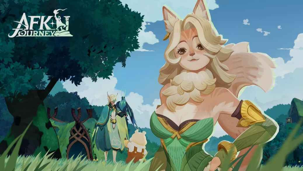 Gameplay AFK Journey menampilkan karakter hero dengan visual storybook di dunia fantasi Esperia, termasuk pertarungan auto-battle dan sistem hero gacha.